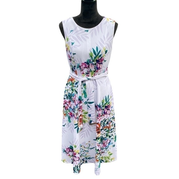 DKNY Ladies White Floral Sleeveless Midi A-line Round Neck Dress With Belt Sz 6 - Picture 14 of 15